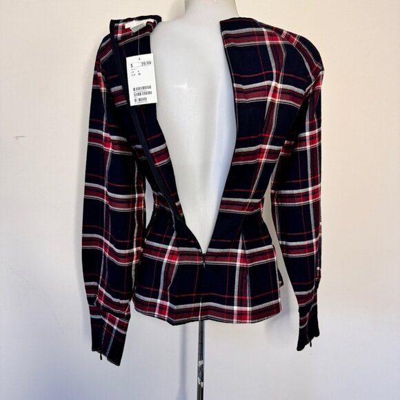 NWT H&M Beaded Flannel Blouse Long Sleeve Plaid Mod Holiday Shirt Top Sz 2 - Picture 3 of 12